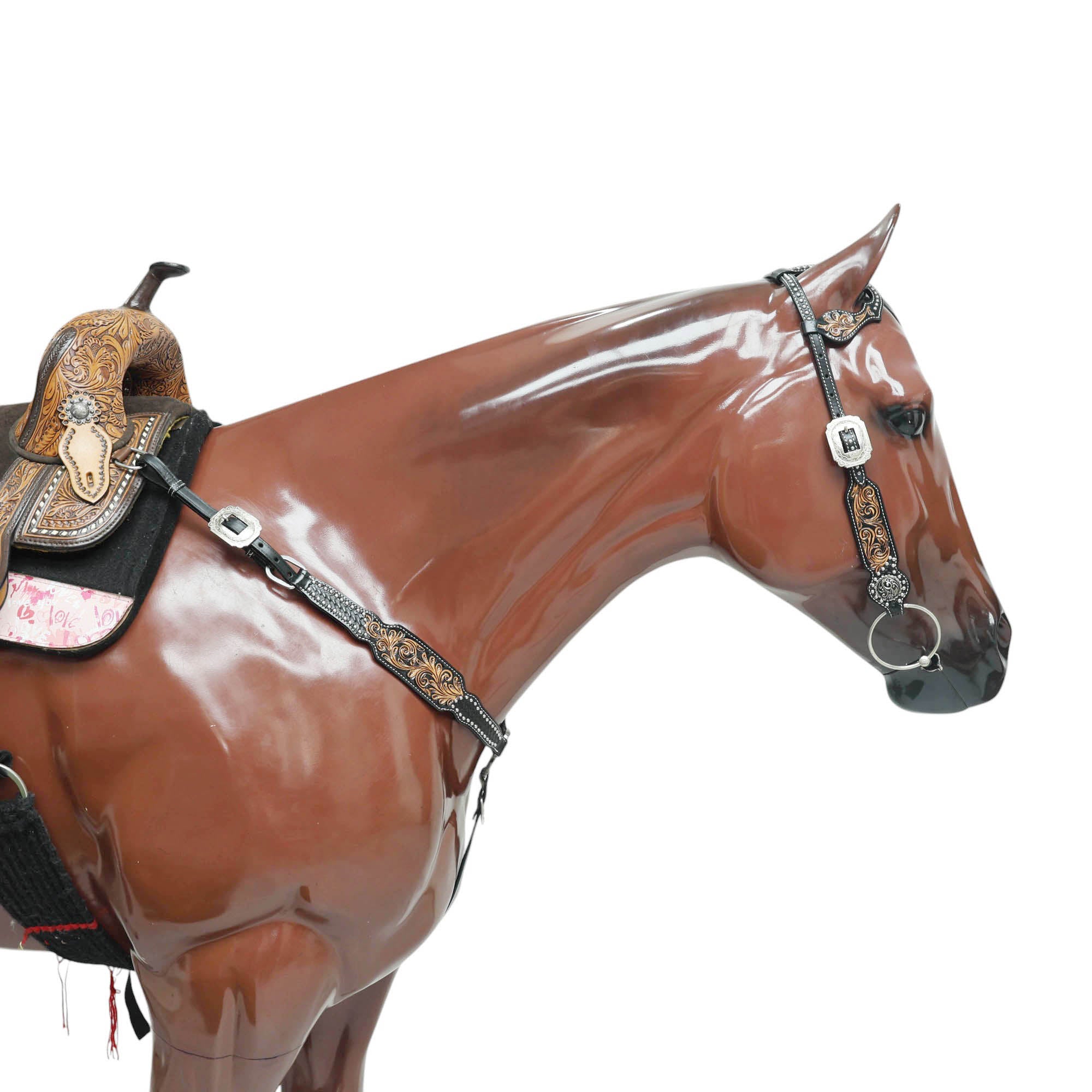Western Headstall and Breast Collar Set Decorated with Floral Hand Carving and Basket Tooling with Silver Studs, Hand Finish on Black Leather MOUSM