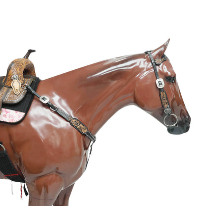 Western Headstall and Breast Collar Set Decorated with Floral Hand Carving and Basket Tooling with Silver Studs, Hand Finish on Black Leather MOUSM
