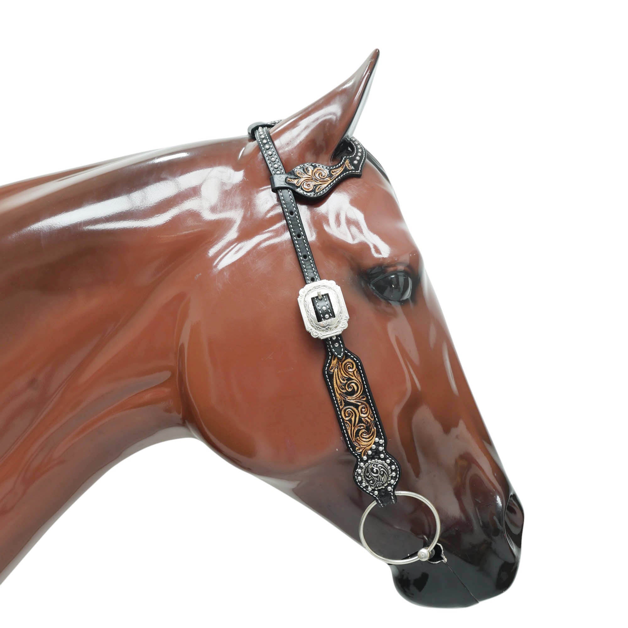 Western Headstall and Breast Collar Set Decorated with Floral Hand Carving and Basket Tooling with Silver Studs, Hand Finish on Black Leather MOUSM