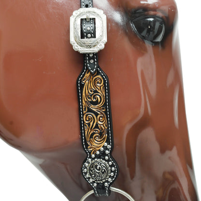 Western Headstall and Breast Collar Set Decorated with Floral Hand Carving and Basket Tooling with Silver Studs, Hand Finish on Black Leather MOUSM