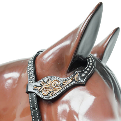 Western Headstall and Breast Collar Set Decorated with Floral Hand Carving and Basket Tooling with Silver Studs, Hand Finish on Black Leather MOUSM