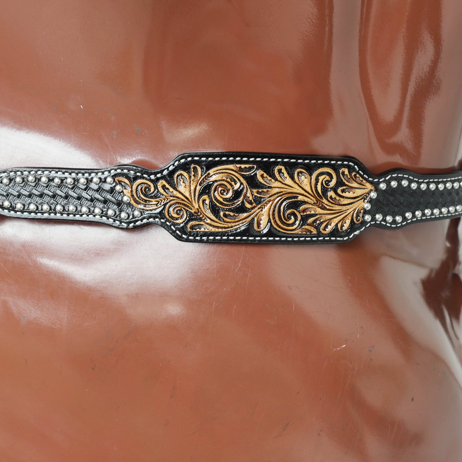 Western Headstall and Breast Collar Set Decorated with Floral Hand Carving and Basket Tooling with Silver Studs, Hand Finish on Black Leather MOUSM