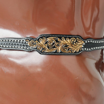 Western Headstall and Breast Collar Set Decorated with Floral Hand Carving and Basket Tooling with Silver Studs, Hand Finish on Black Leather MOUSM