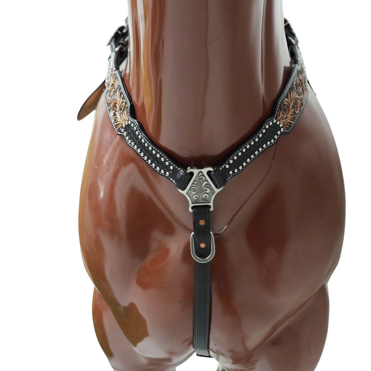 Western Headstall and Breast Collar Set Decorated with Floral Hand Carving and Basket Tooling with Silver Studs, Hand Finish on Black Leather MOUSM