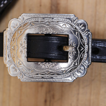 Western Headstall and Breast Collar Set Decorated with Floral Hand Carving and Basket Tooling with Silver Studs, Hand Finish on Black Leather MOUSM