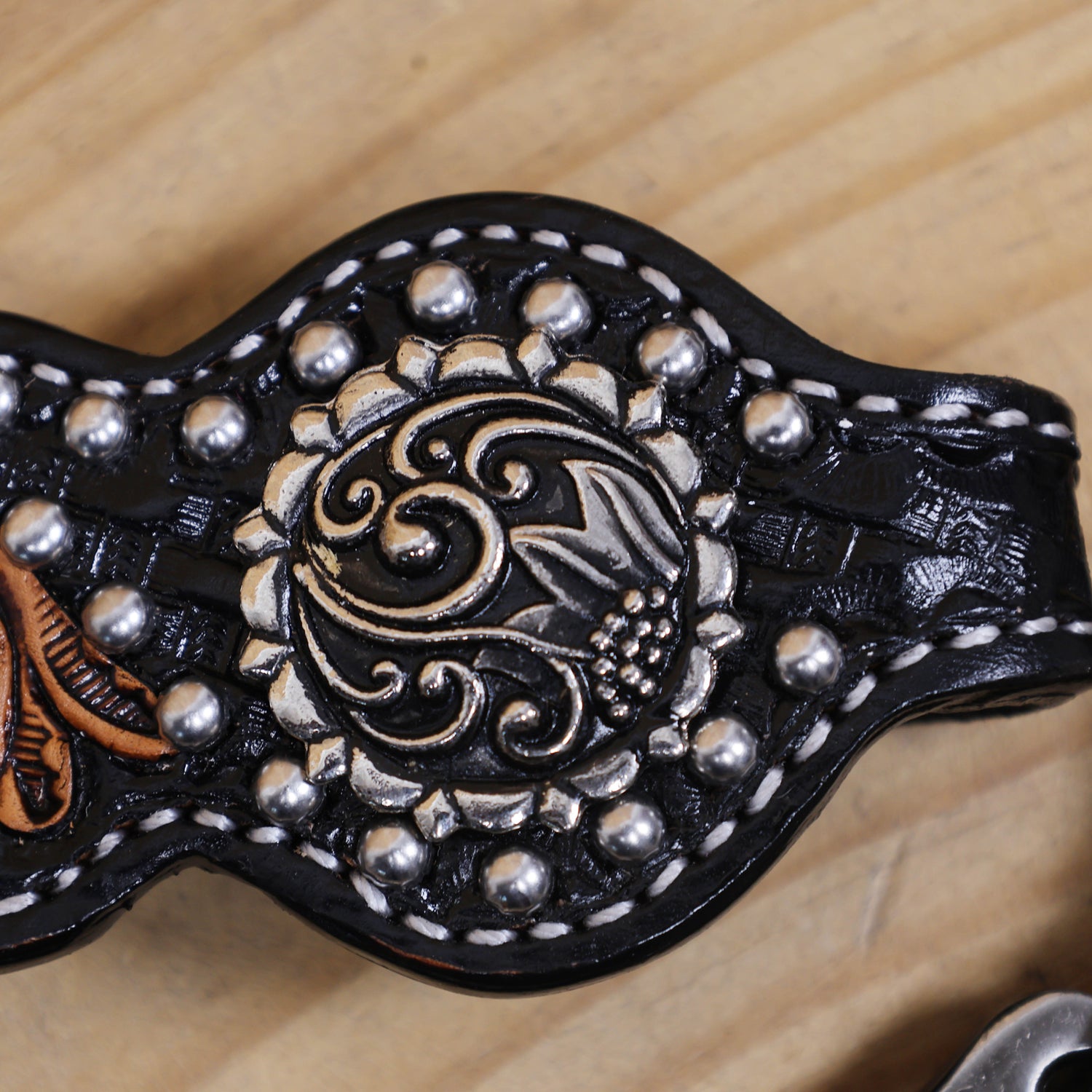 Western Headstall and Breast Collar Set Decorated with Floral Hand Carving and Basket Tooling with Silver Studs, Hand Finish on Black Leather MOUSM
