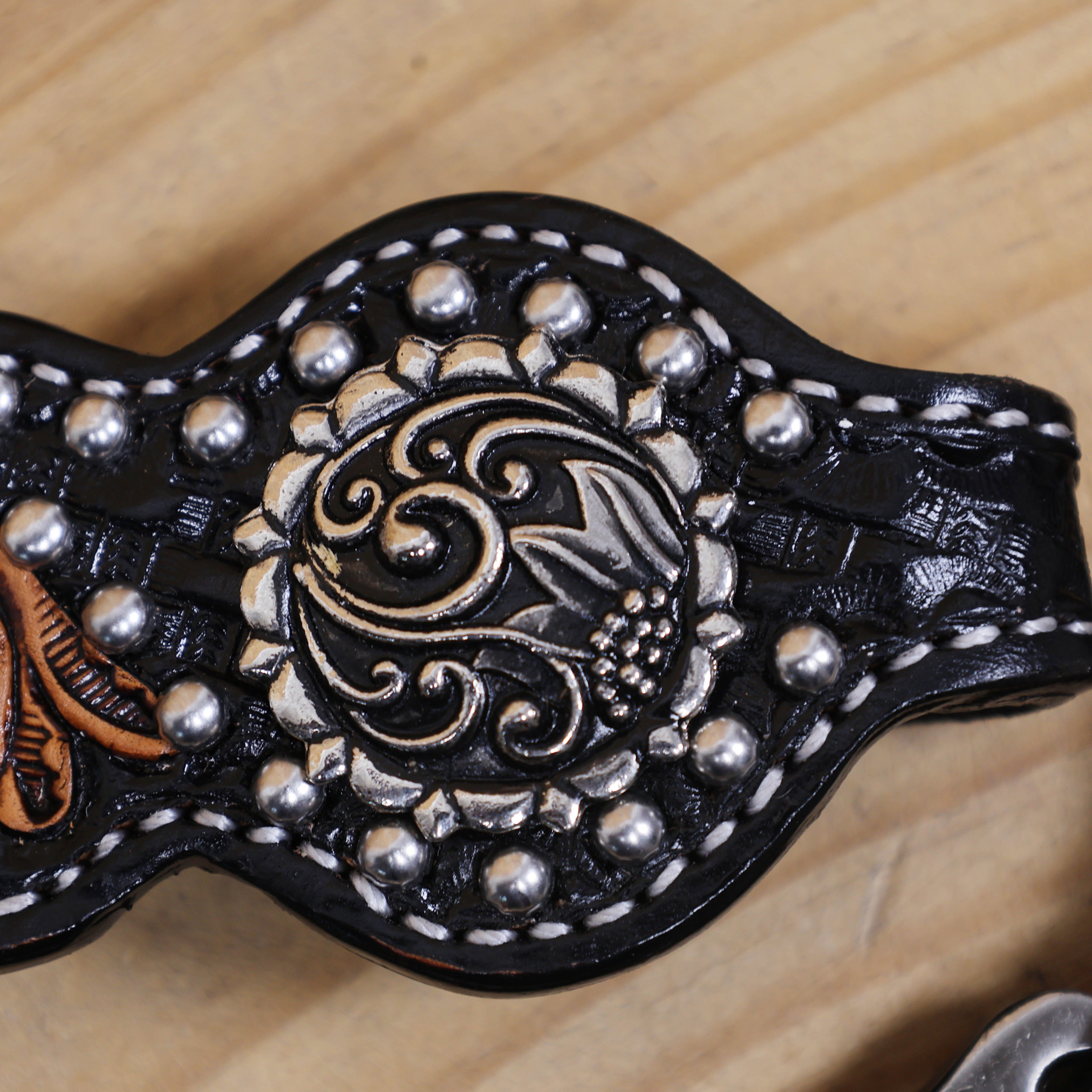 Western Headstall and Breast Collar Set Decorated with Floral Hand Carving and Basket Tooling with Silver Studs, Hand Finish on Black Leather MOUSM