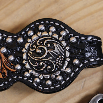 Western Headstall and Breast Collar Set Decorated with Floral Hand Carving and Basket Tooling with Silver Studs, Hand Finish on Black Leather MOUSM