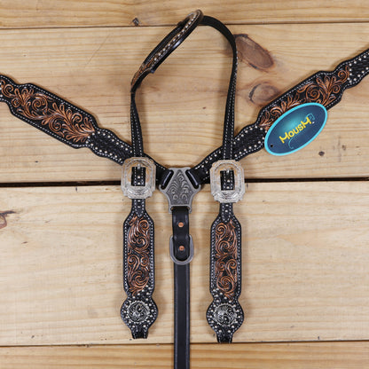Western Headstall and Breast Collar Set Decorated with Floral Hand Carving and Basket Tooling with Silver Studs, Hand Finish on Black Leather MOUSM