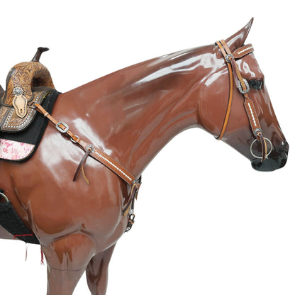 Western Leather Headstall Set Arrow Style Rawhide Braiding, Antique Nickel Congress Slot Conchos with Burgundy Leashes and Basket Border Tooling MOUSM