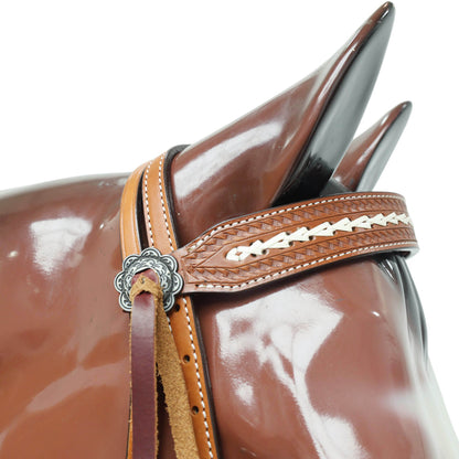 Western Leather Headstall Set Arrow Style Rawhide Braiding, Antique Nickel Congress Slot Conchos with Burgundy Leashes and Basket Border Tooling MOUSM
