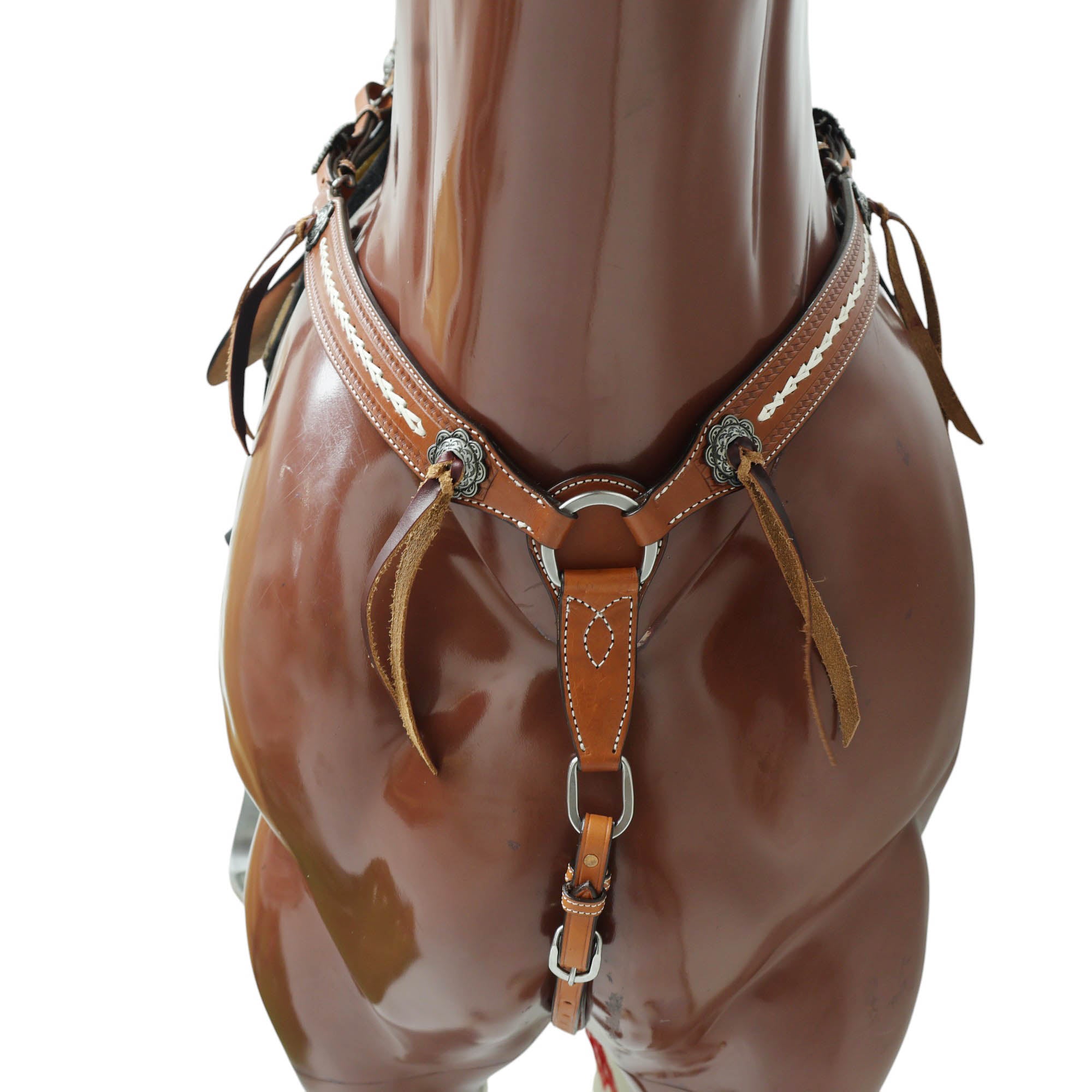 Western Leather Headstall Set Arrow Style Rawhide Braiding, Antique Nickel Congress Slot Conchos with Burgundy Leashes and Basket Border Tooling MOUSM
