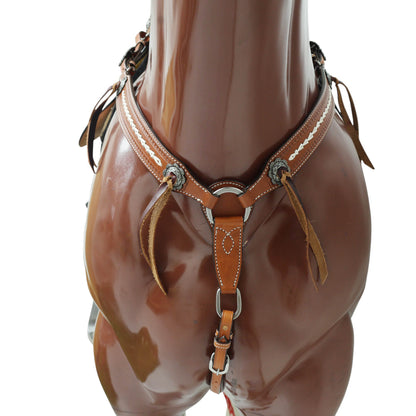 Western Leather Headstall Set Arrow Style Rawhide Braiding, Antique Nickel Congress Slot Conchos with Burgundy Leashes and Basket Border Tooling MOUSM