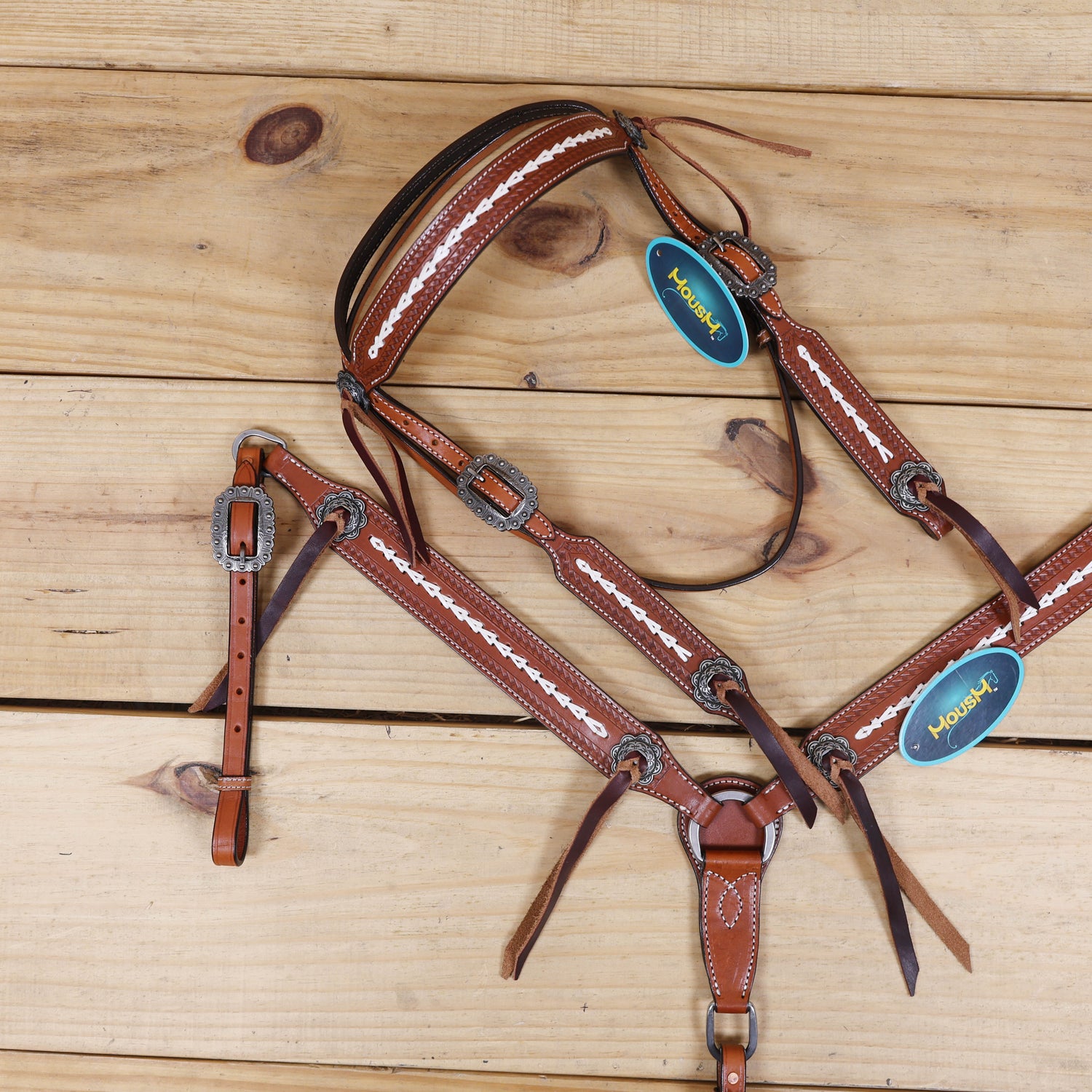 Western Leather Headstall Set Arrow Style Rawhide Braiding, Antique Nickel Congress Slot Conchos with Burgundy Leashes and Basket Border Tooling MOUSM