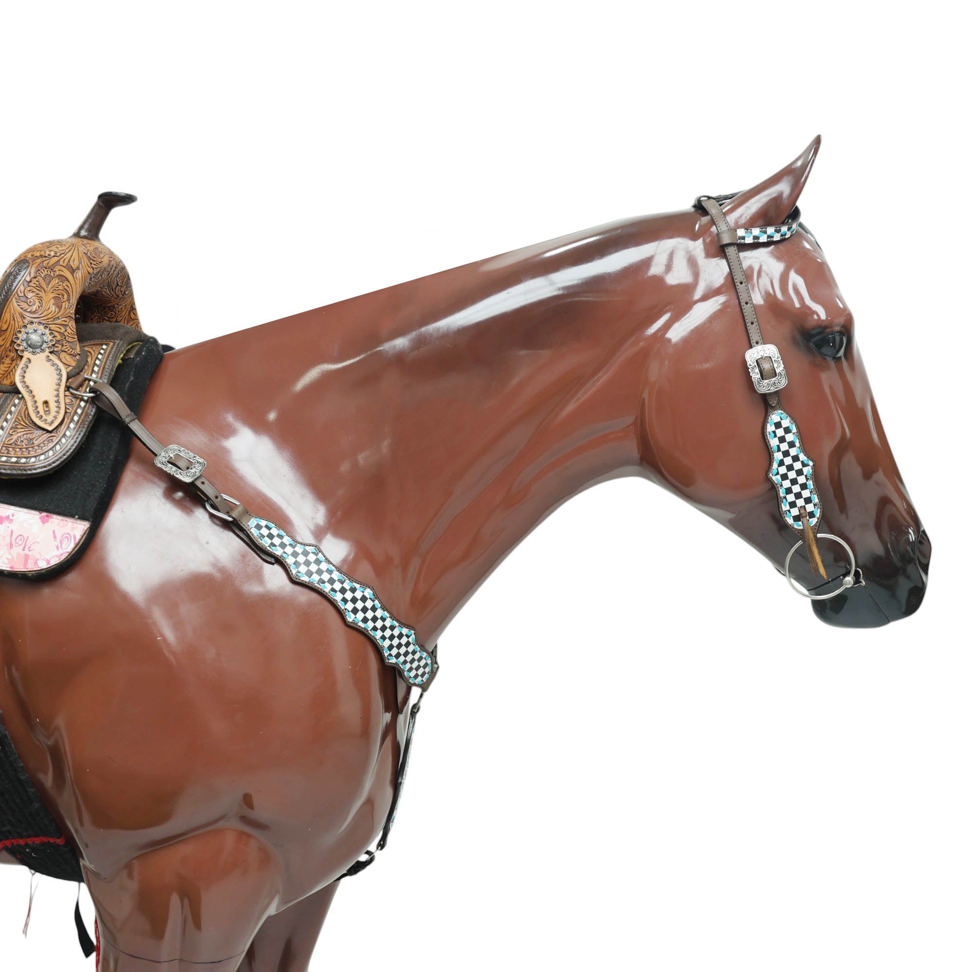 Western Horse Tack Set Decorated with Checkyard Finish Line Print with Turquoise Rawhide Braiding and Antique Nickel Buckles MOUSM