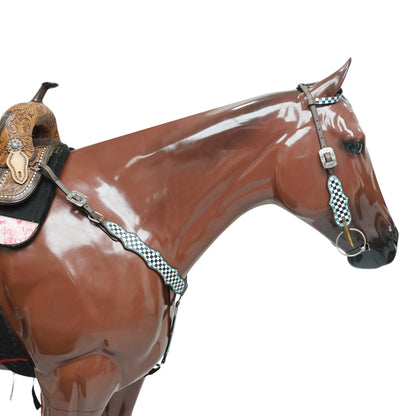 Western Horse Tack Set Decorated with Checkyard Finish Line Print with Turquoise Rawhide Braiding and Antique Nickel Buckles MOUSM
