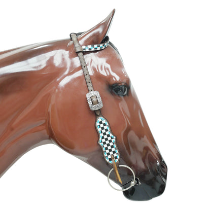 Western Horse Tack Set Decorated with Checkyard Finish Line Print with Turquoise Rawhide Braiding and Antique Nickel Buckles MOUSM