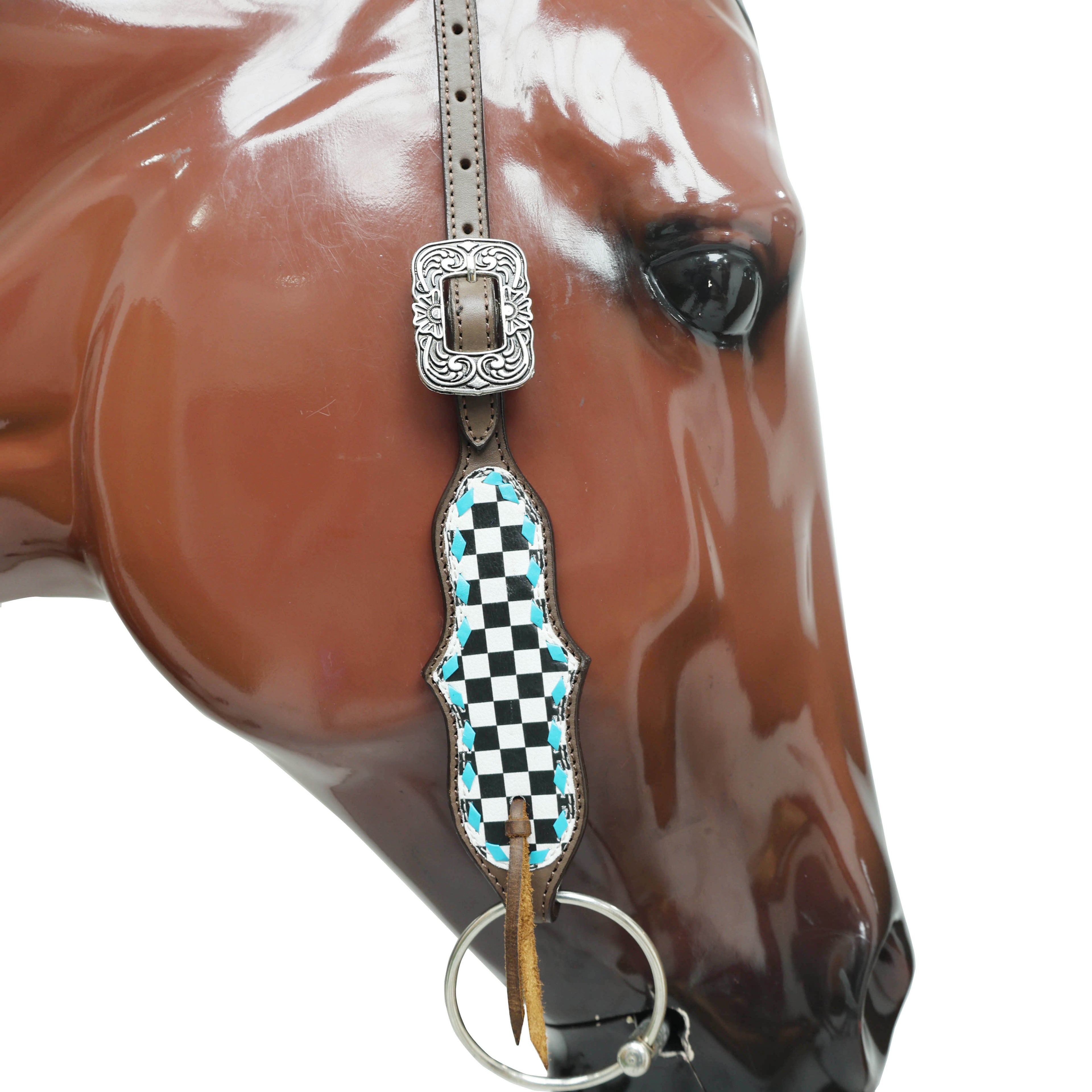 Western Horse Tack Set Decorated with Checkyard Finish Line Print with Turquoise Rawhide Braiding and Antique Nickel Buckles MOUSM