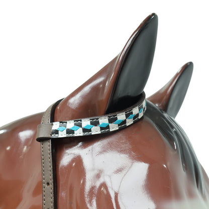 Western Horse Tack Set Decorated with Checkyard Finish Line Print with Turquoise Rawhide Braiding and Antique Nickel Buckles MOUSM
