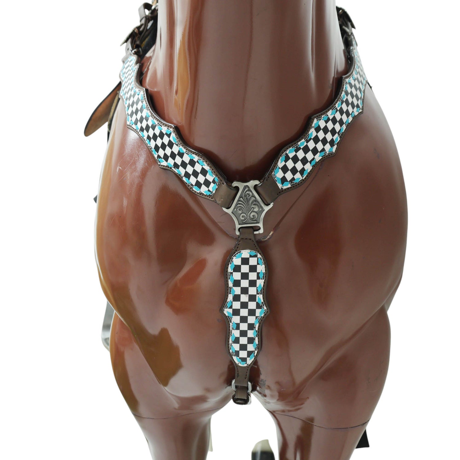 Western Horse Tack Set Decorated with Checkyard Finish Line Print with Turquoise Rawhide Braiding and Antique Nickel Buckles MOUSM