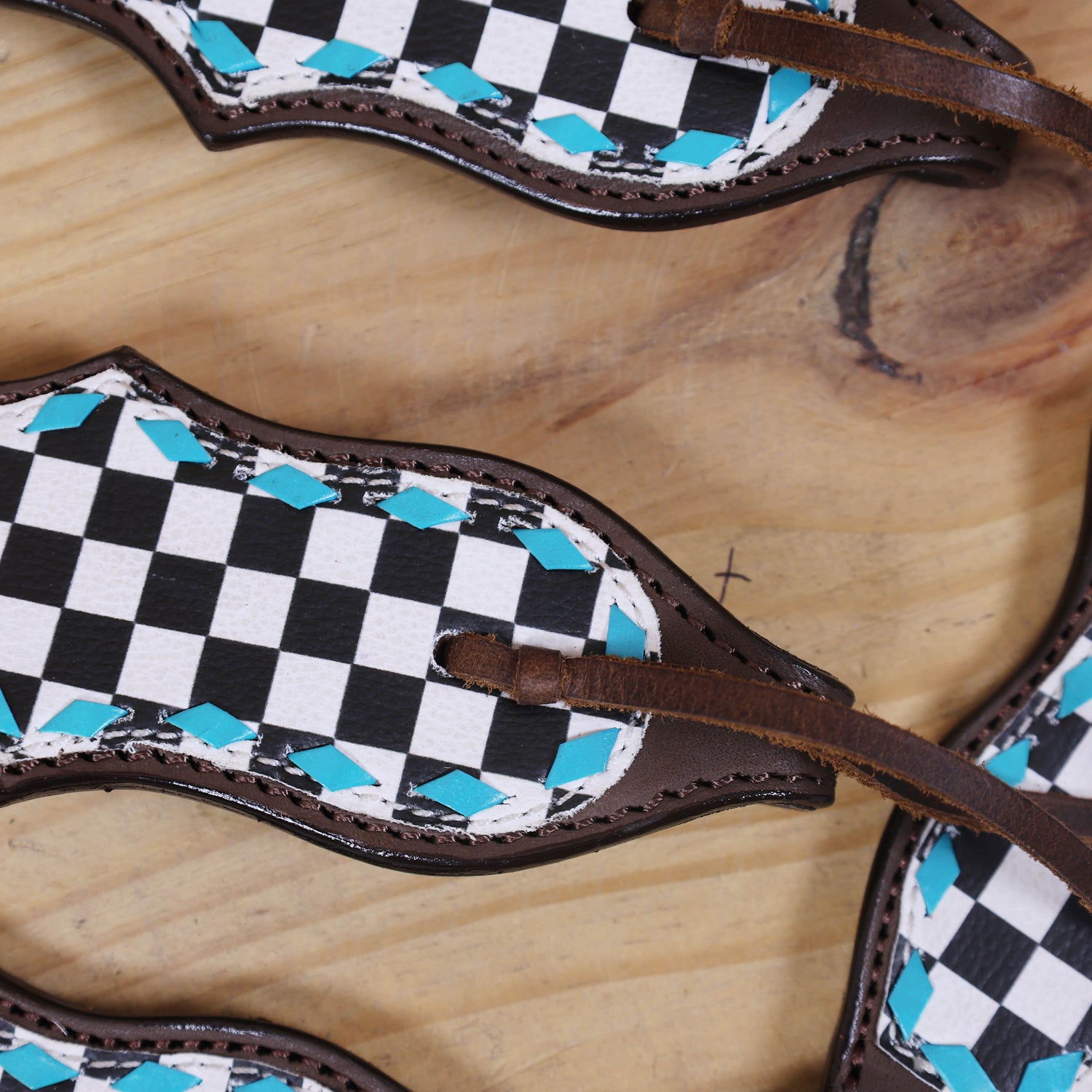 Western Horse Tack Set Decorated with Checkyard Finish Line Print with Turquoise Rawhide Braiding and Antique Nickel Buckles MOUSM