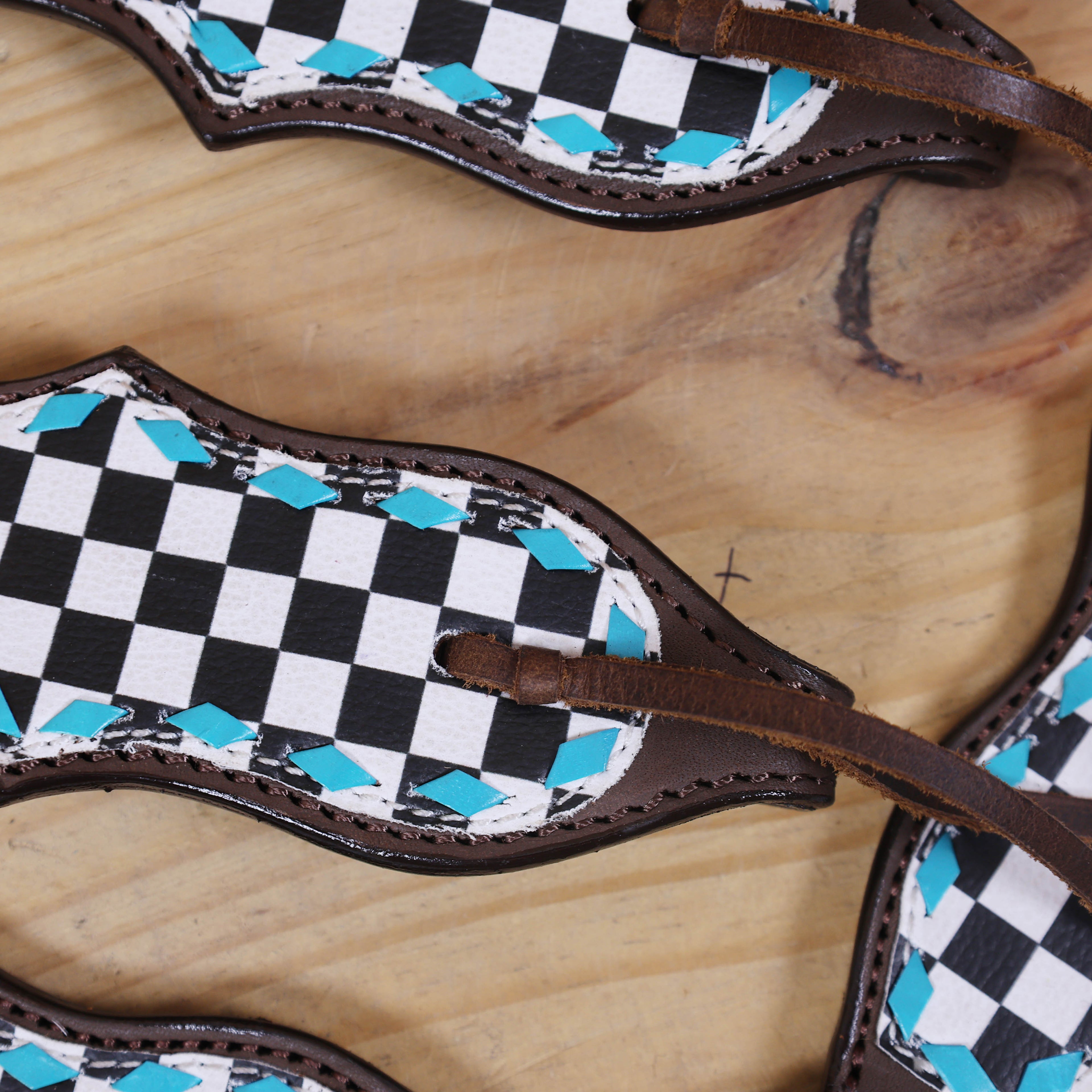 Western Horse Tack Set Decorated with Checkyard Finish Line Print with Turquoise Rawhide Braiding and Antique Nickel Buckles MOUSM