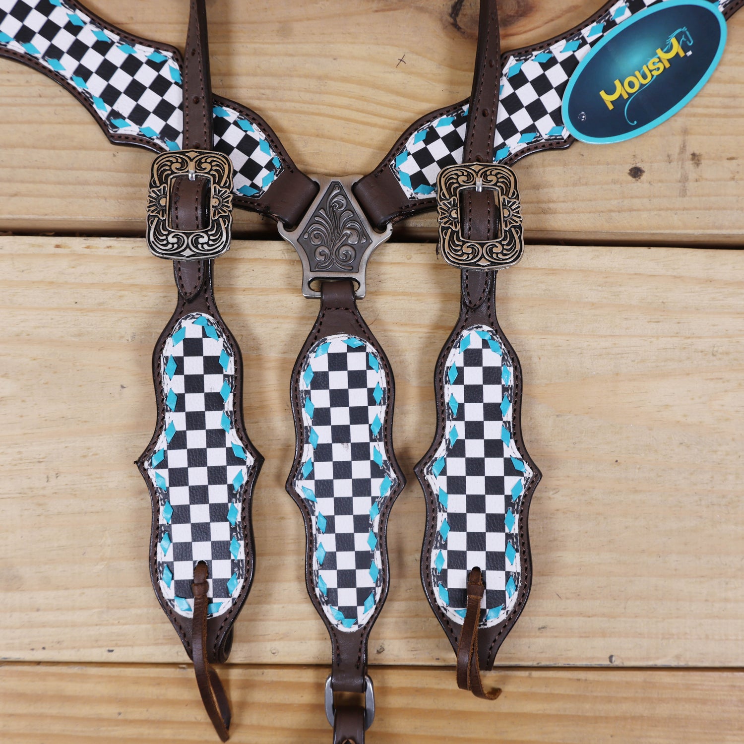 Western Horse Tack Set Decorated with Checkyard Finish Line Print with Turquoise Rawhide Braiding and Antique Nickel Buckles MOUSM