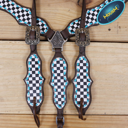 Western Horse Tack Set Decorated with Checkyard Finish Line Print with Turquoise Rawhide Braiding and Antique Nickel Buckles MOUSM
