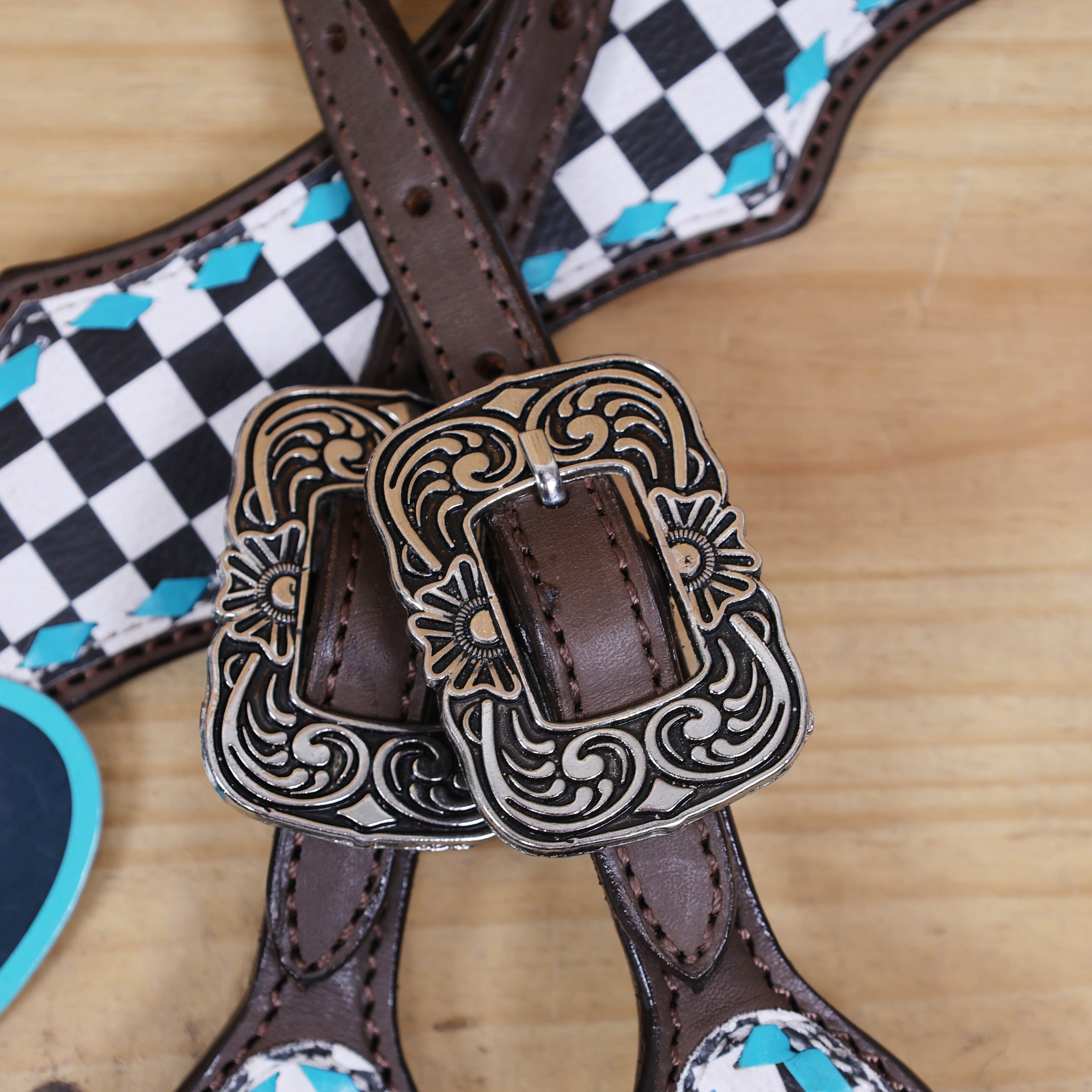 Western Horse Tack Set Decorated with Checkyard Finish Line Print with Turquoise Rawhide Braiding and Antique Nickel Buckles MOUSM