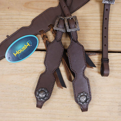 Western Headstall Leather Tack Set Decorated with Smart Plain Style Brown Leather Set with Cherry Braided Leashes on Breast Collar MOUSM