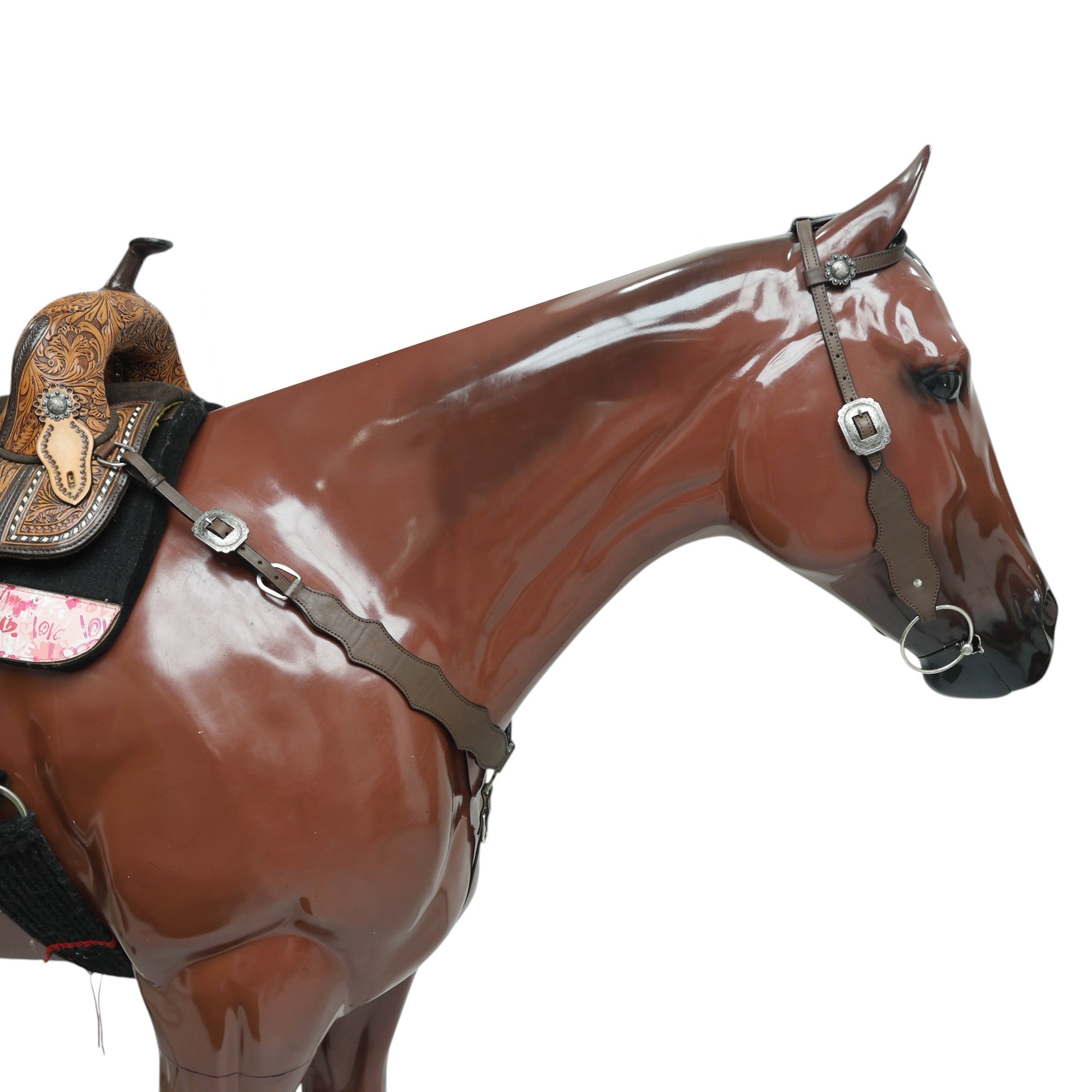 Western Headstall and Breast Collar Set, Smart Plain Brown Leather with Antique Nickel Hardware MOUSM