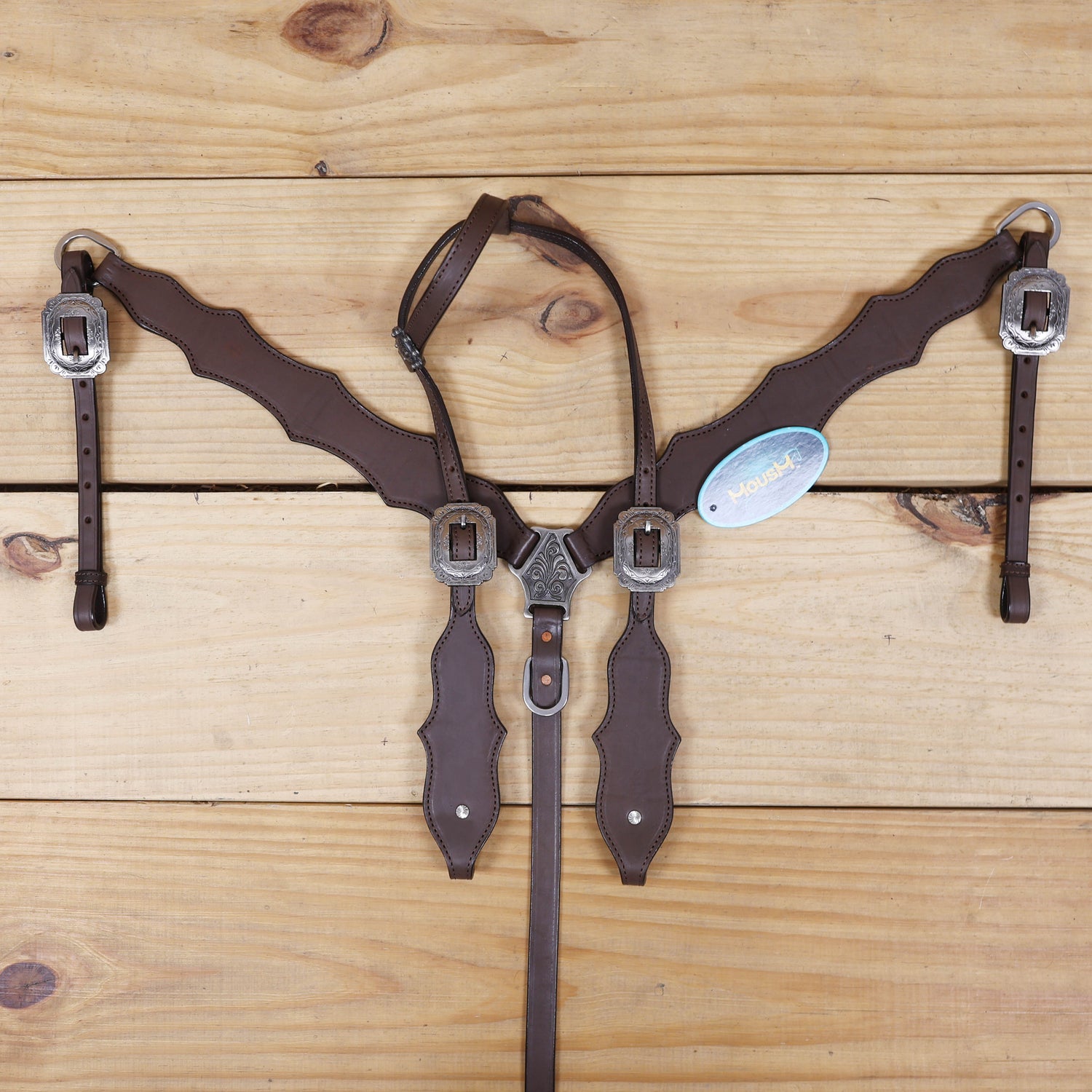 Western Headstall and Breast Collar Set, Smart Plain Brown Leather with Antique Nickel Hardware MOUSM