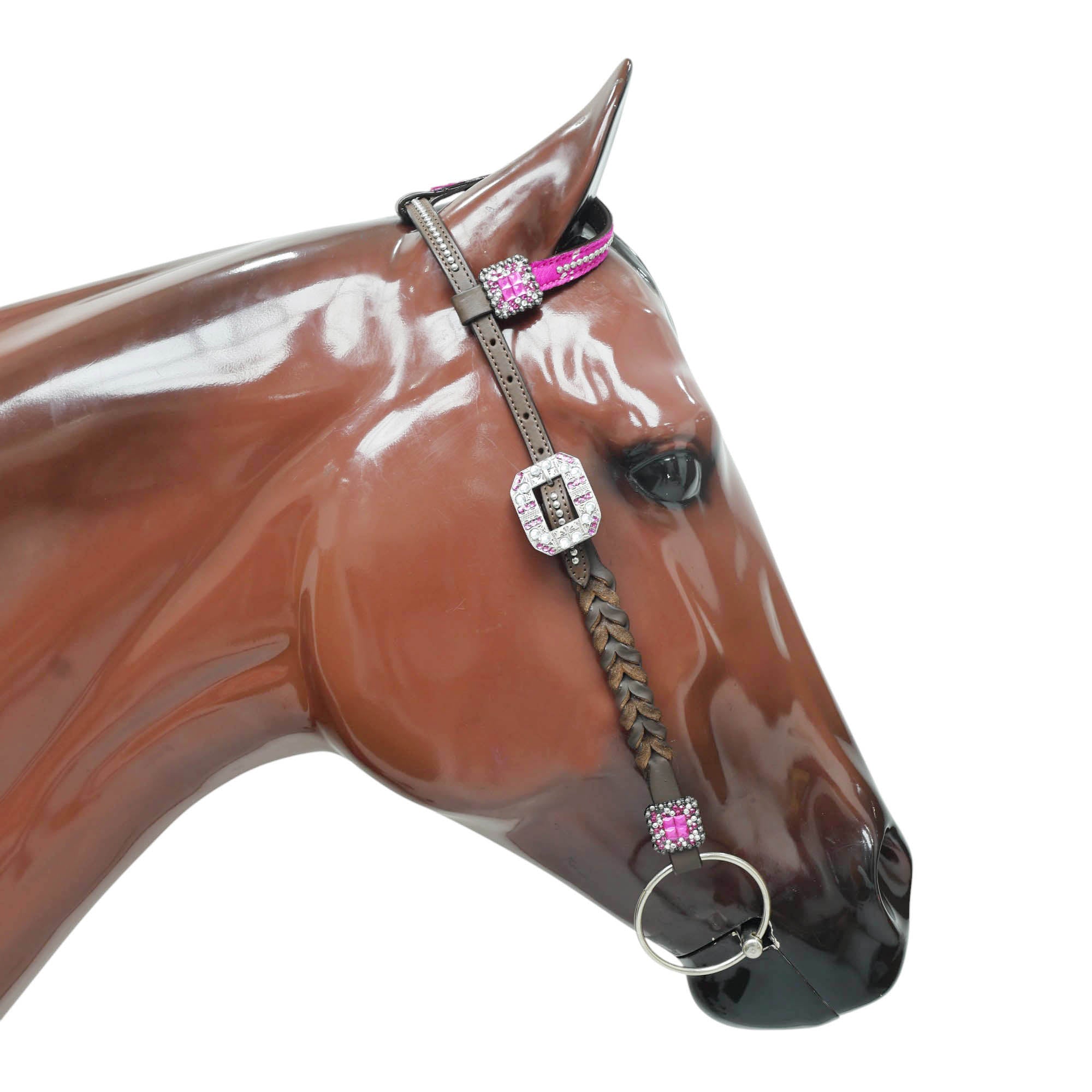Western Horse Headstall Decorated with Big Metal Rings on Pink Acid Wash Gladiator Breast Collar, Twisted Braided Cheekpieces MOUSM