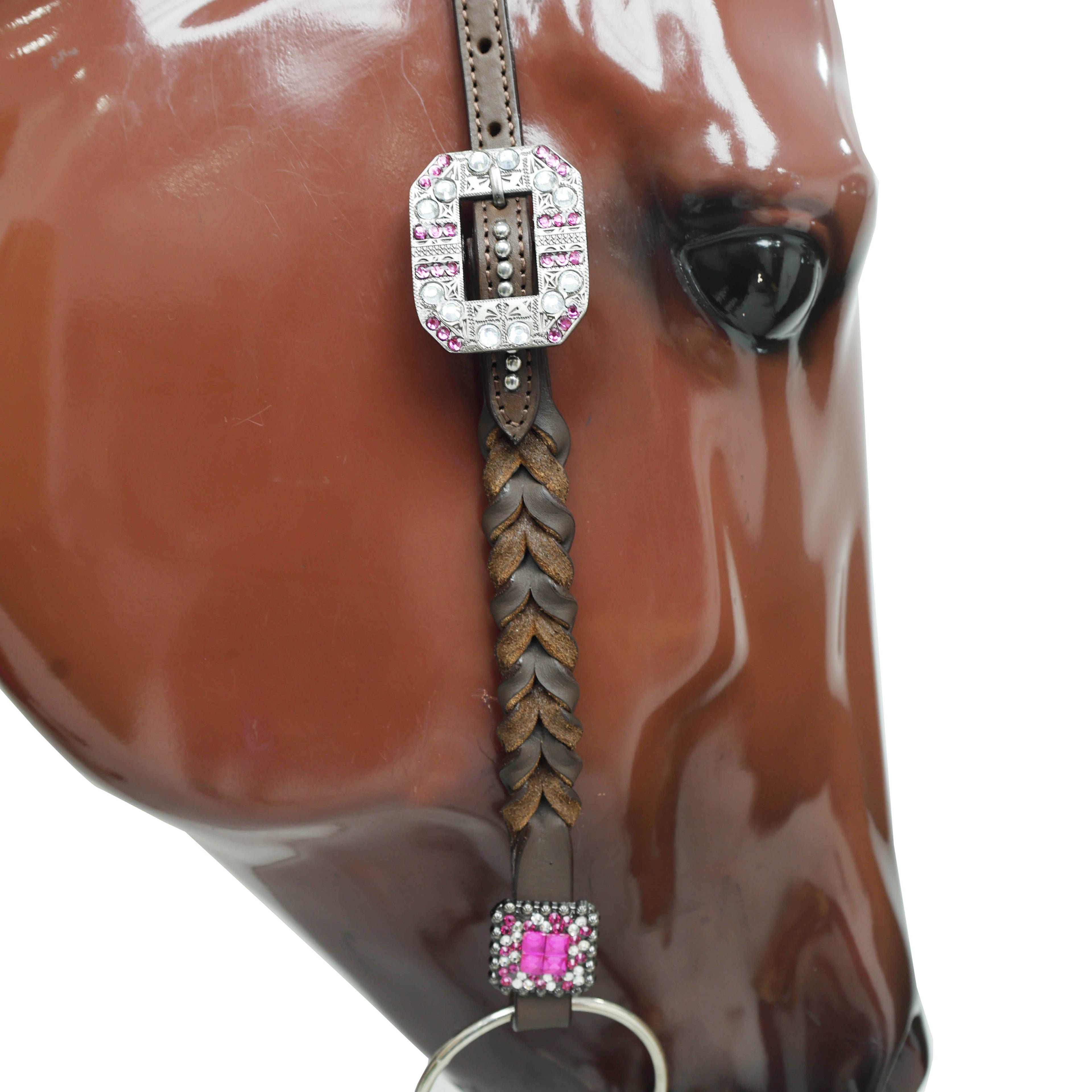 Western Horse Headstall Decorated with Big Metal Rings on Pink Acid Wash Gladiator Breast Collar, Twisted Braided Cheekpieces MOUSM