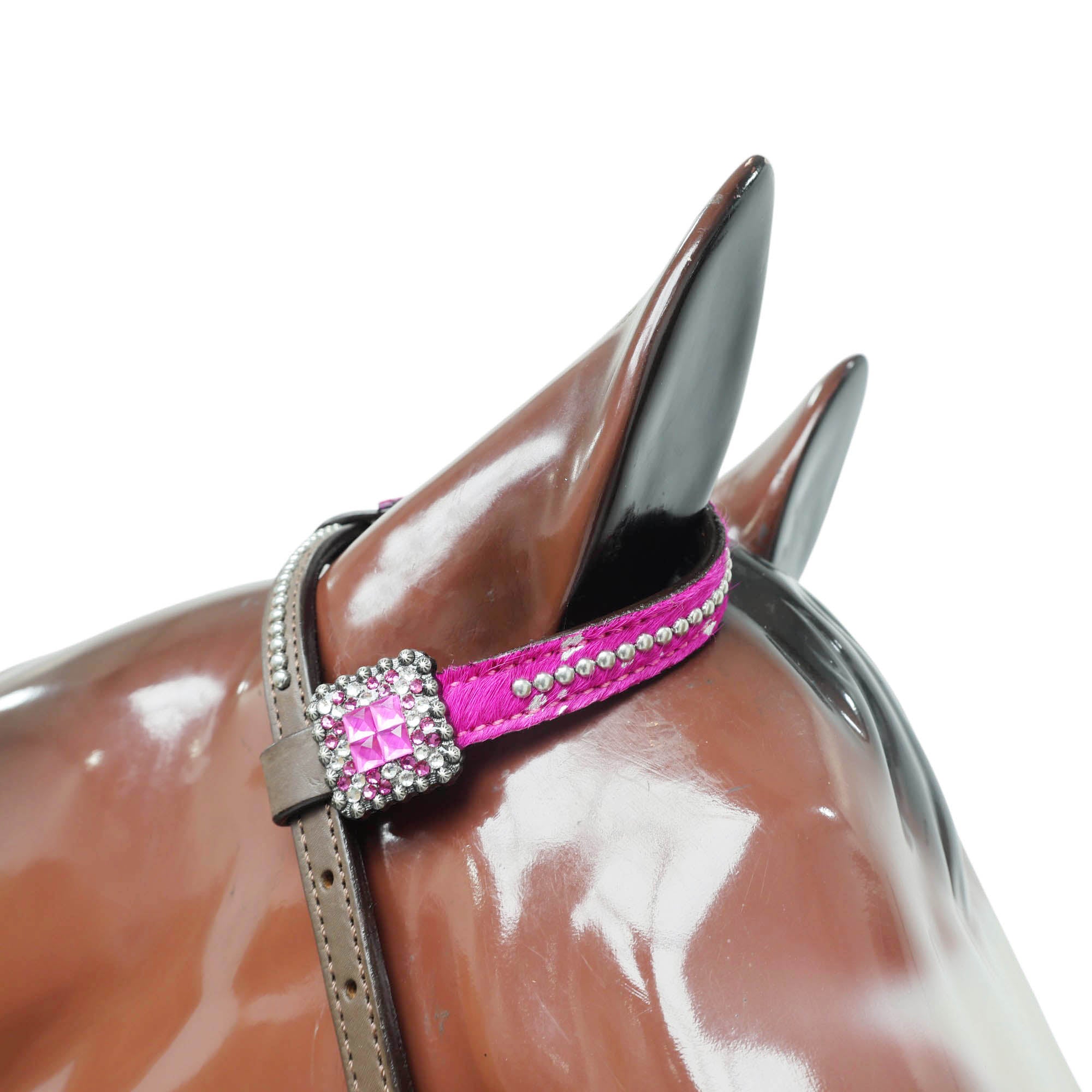 Western Horse Headstall Decorated with Big Metal Rings on Pink Acid Wash Gladiator Breast Collar, Twisted Braided Cheekpieces MOUSM