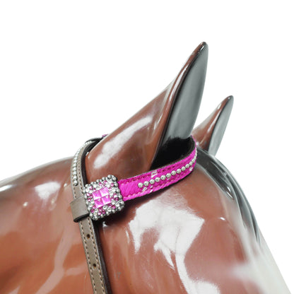 Western Horse Headstall Decorated with Big Metal Rings on Pink Acid Wash Gladiator Breast Collar, Twisted Braided Cheekpieces MOUSM