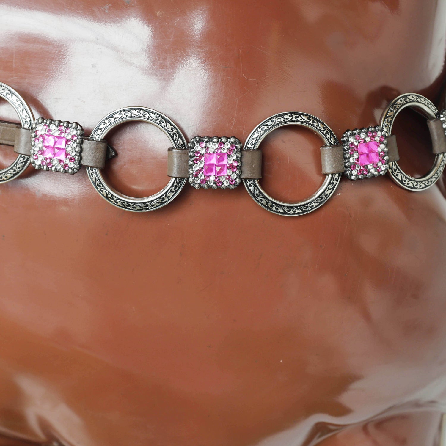 Western Horse Headstall Decorated with Big Metal Rings on Pink Acid Wash Gladiator Breast Collar, Twisted Braided Cheekpieces MOUSM