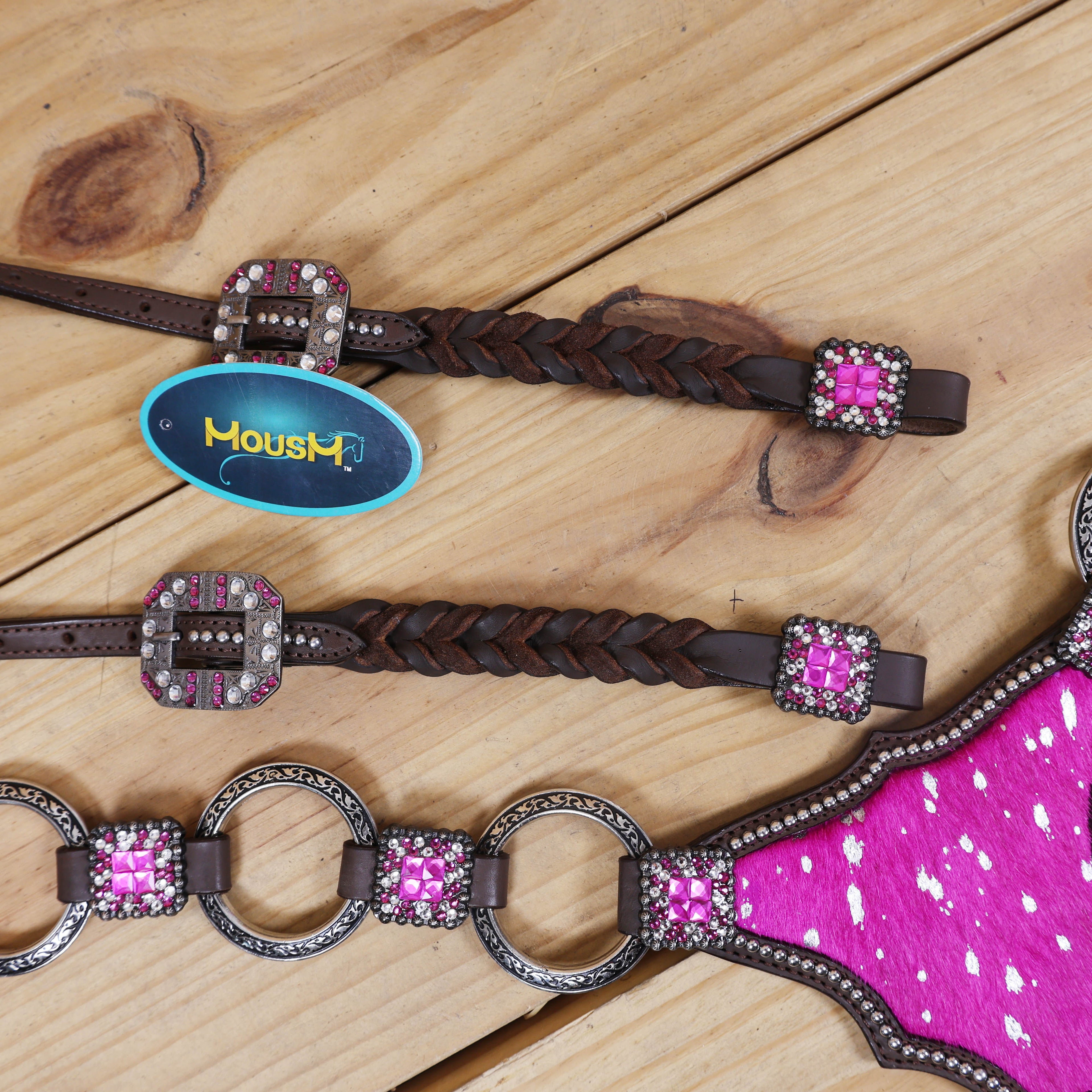 Western Horse Headstall Decorated with Big Metal Rings on Pink Acid Wash Gladiator Breast Collar, Twisted Braided Cheekpieces MOUSM