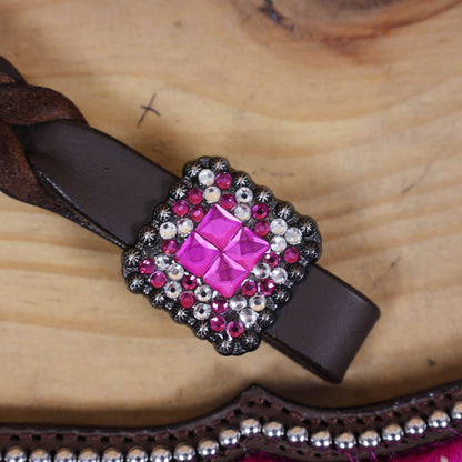 Western Horse Headstall Decorated with Big Metal Rings on Pink Acid Wash Gladiator Breast Collar, Twisted Braided Cheekpieces MOUSM