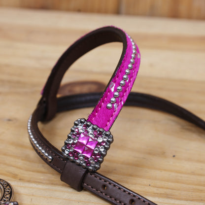 Western Horse Headstall Decorated with Big Metal Rings on Pink Acid Wash Gladiator Breast Collar, Twisted Braided Cheekpieces MOUSM