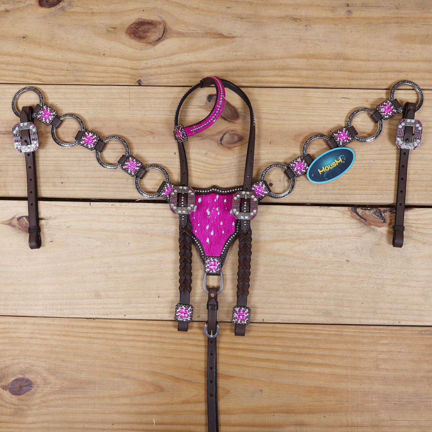 Western Horse Headstall Decorated with Big Metal Rings on Pink Acid Wash Gladiator Breast Collar, Twisted Braided Cheekpieces MOUSM