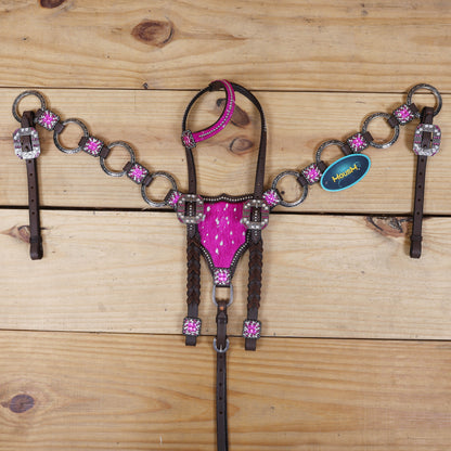 Western Horse Headstall Decorated with Big Metal Rings on Pink Acid Wash Gladiator Breast Collar, Twisted Braided Cheekpieces MOUSM