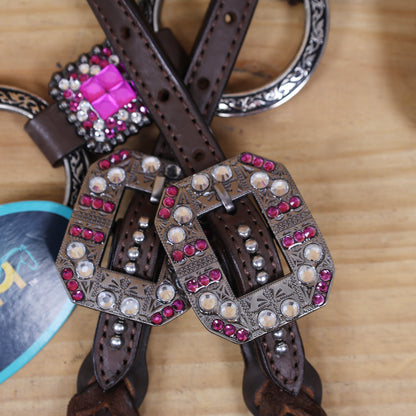 Western Horse Headstall Decorated with Big Metal Rings on Pink Acid Wash Gladiator Breast Collar, Twisted Braided Cheekpieces MOUSM