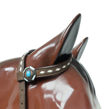 Western Leather Headstall Tack Set Decorated with Steer Head Carving and Hand-Painted Mountain Cactus Scenery, White Rawhide Buck Stitching MOUSM