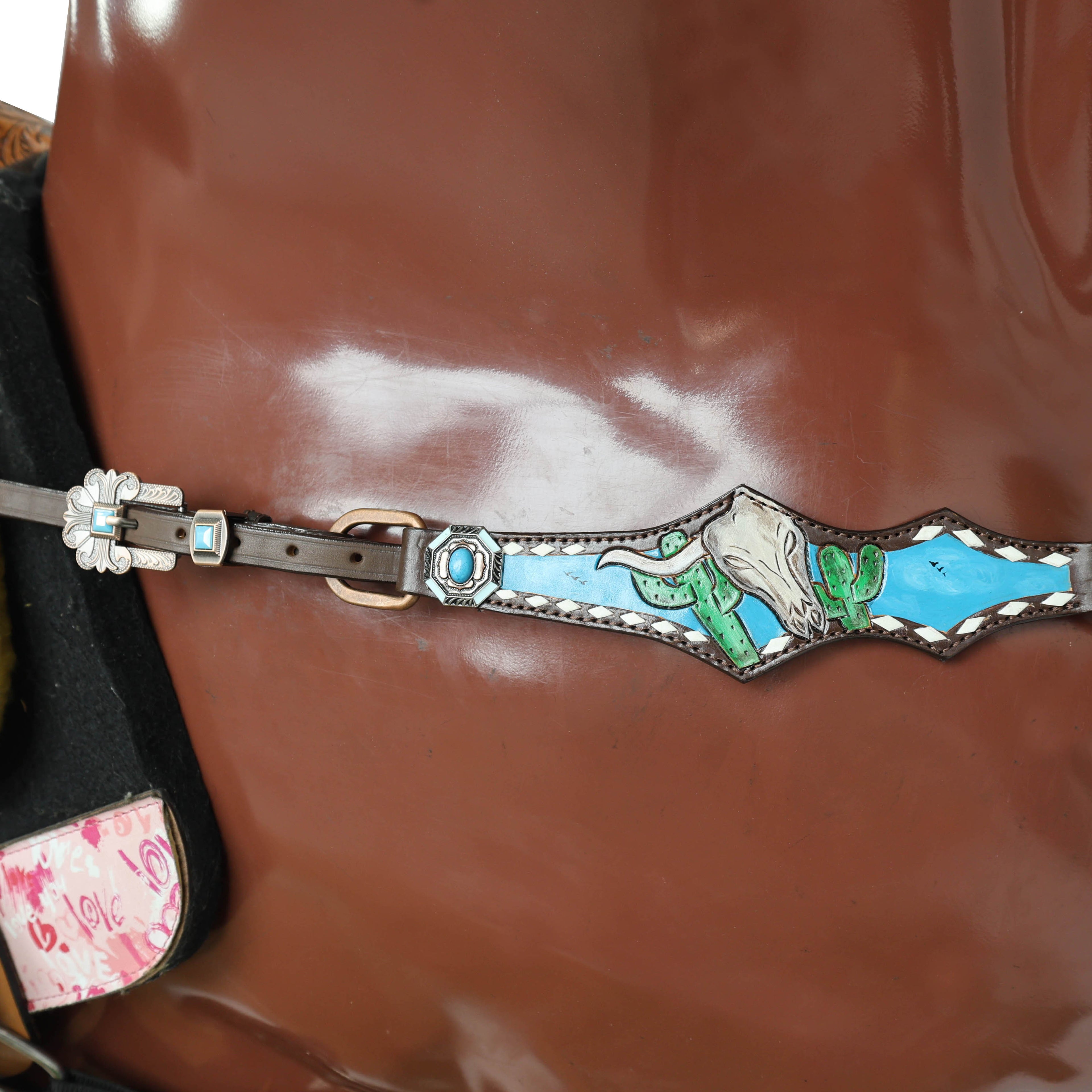 Western Leather Headstall Tack Set Decorated with Steer Head Carving and Hand-Painted Mountain Cactus Scenery, White Rawhide Buck Stitching MOUSM