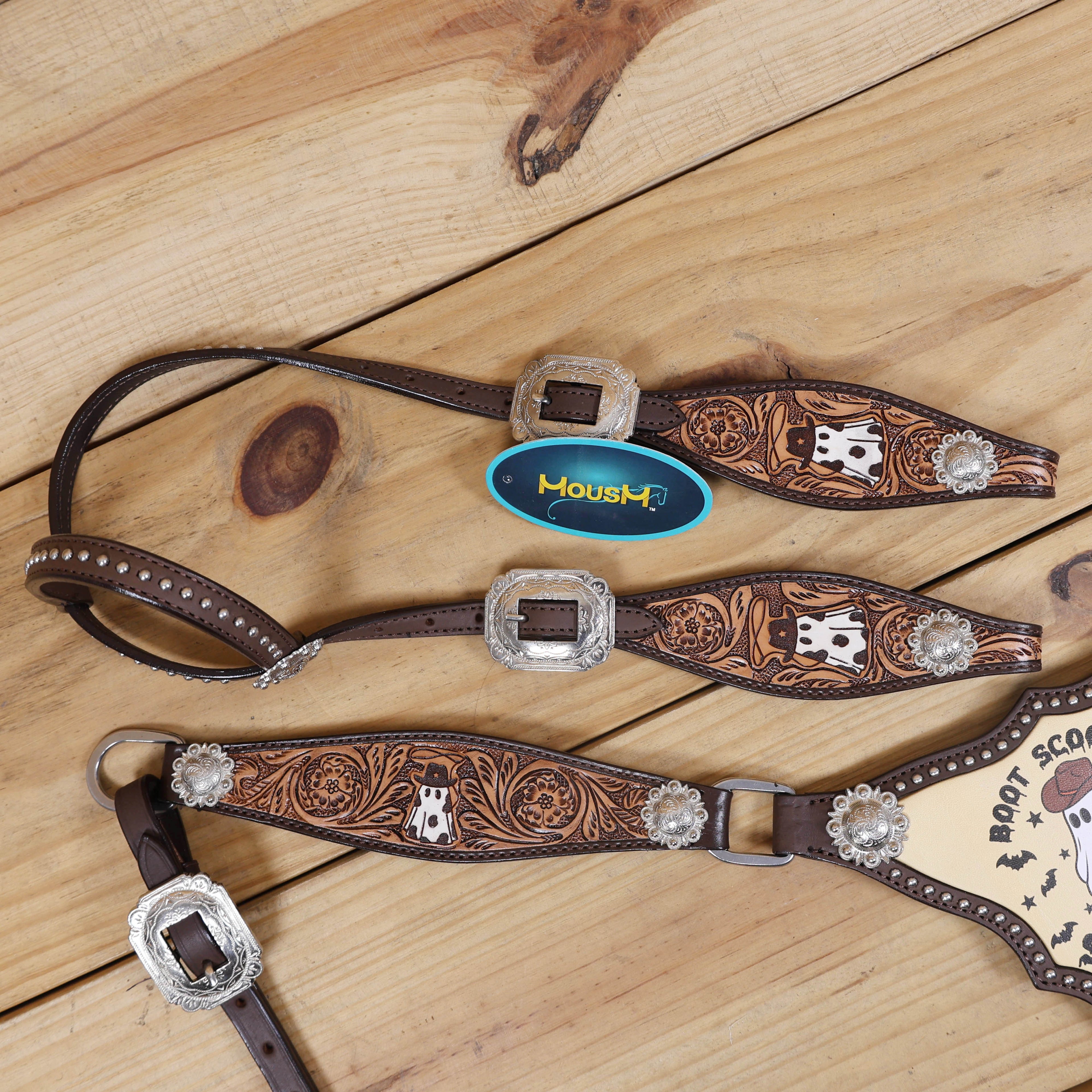 Western Headstall and Breast Collar Set Halloween Ghost Engraving and Painted Gladiator Style Breast Collar with Silver Studs MOUSM