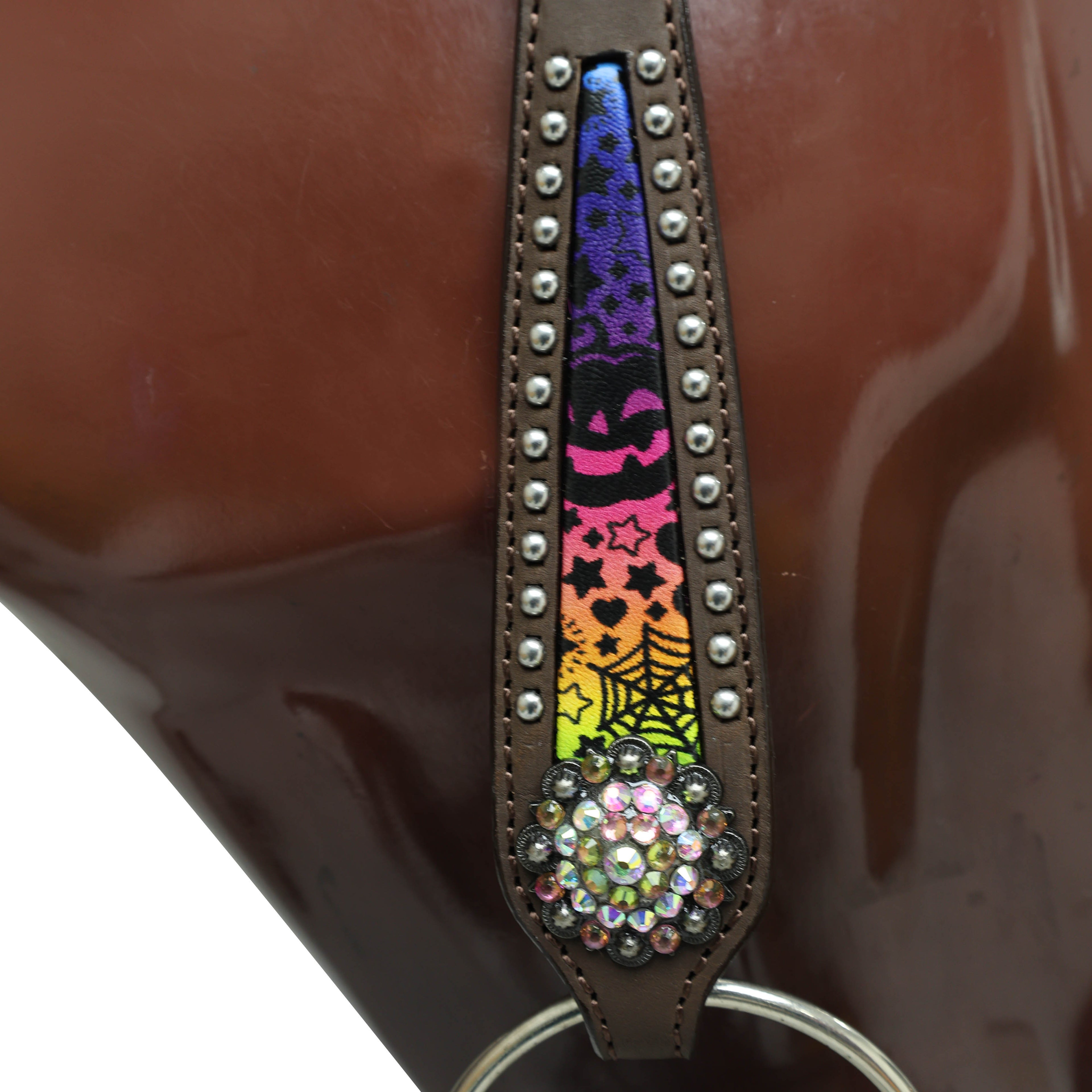 Western Halloween Headstall and Breast Collar Set Rainbow Style Halloween Print with Rhinestone Berry Conchos MOUSM