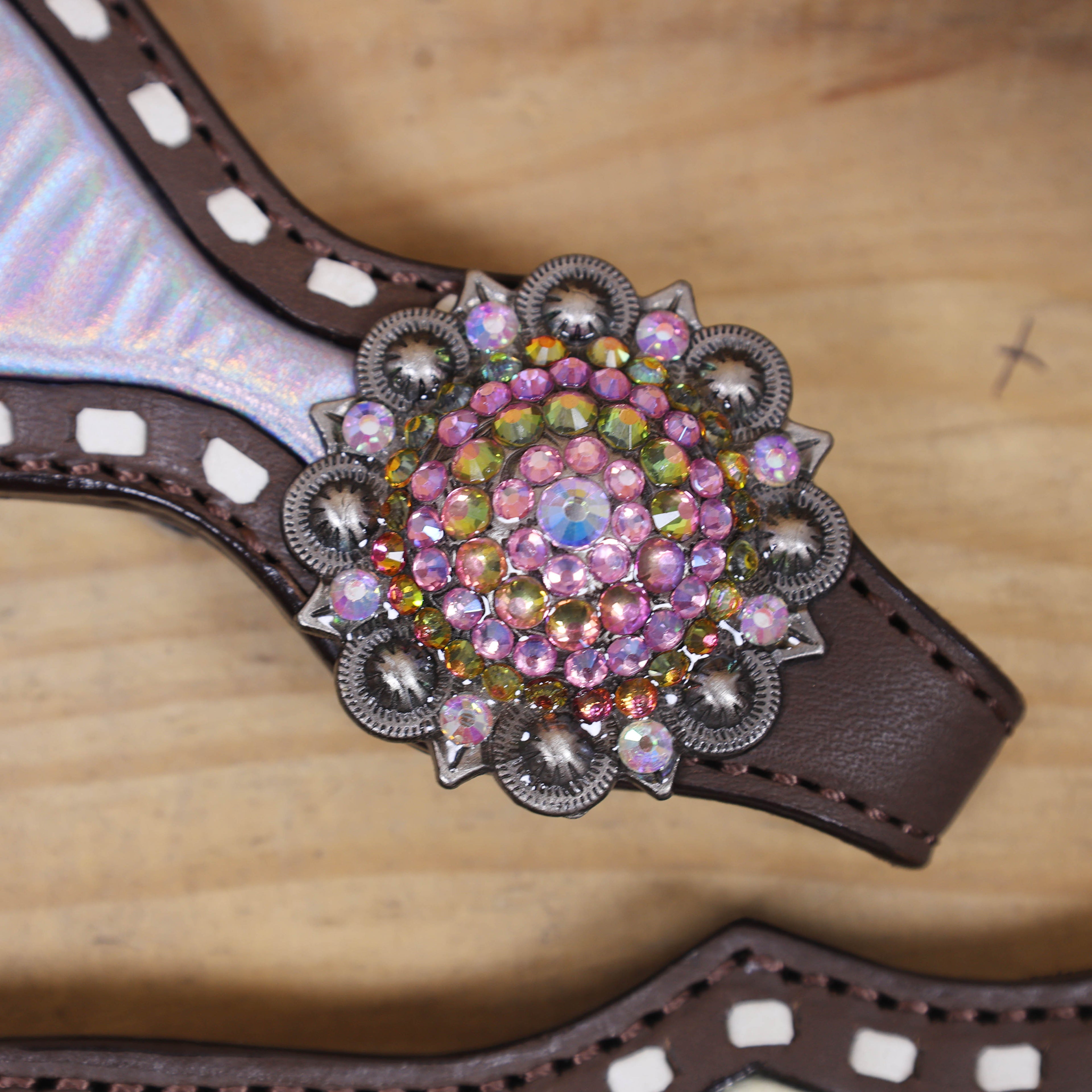 Western Unicorn Print Headstall and Gladiator Breast Collar Set with Holographic Leather, Rawhide Buck Stitching, and Rainbow Berry Conchos MOUSM