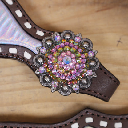 Western Unicorn Print Headstall and Gladiator Breast Collar Set with Holographic Leather, Rawhide Buck Stitching, and Rainbow Berry Conchos MOUSM