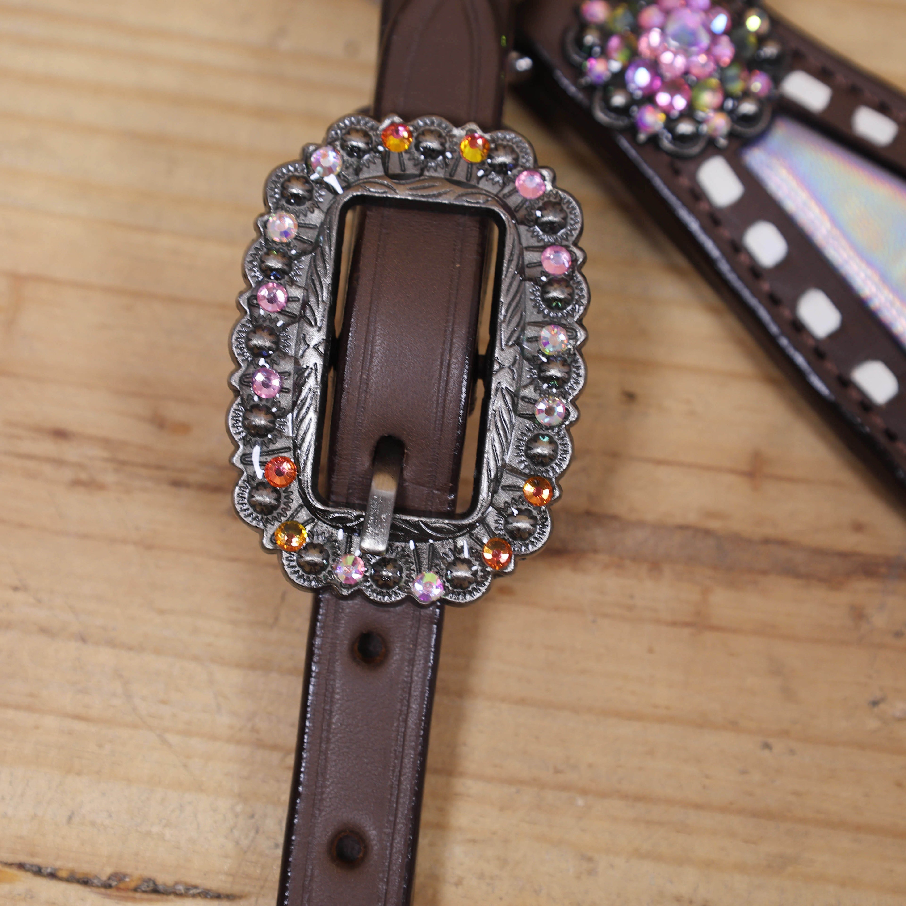Western Unicorn Print Headstall and Gladiator Breast Collar Set with Holographic Leather, Rawhide Buck Stitching, and Rainbow Berry Conchos MOUSM